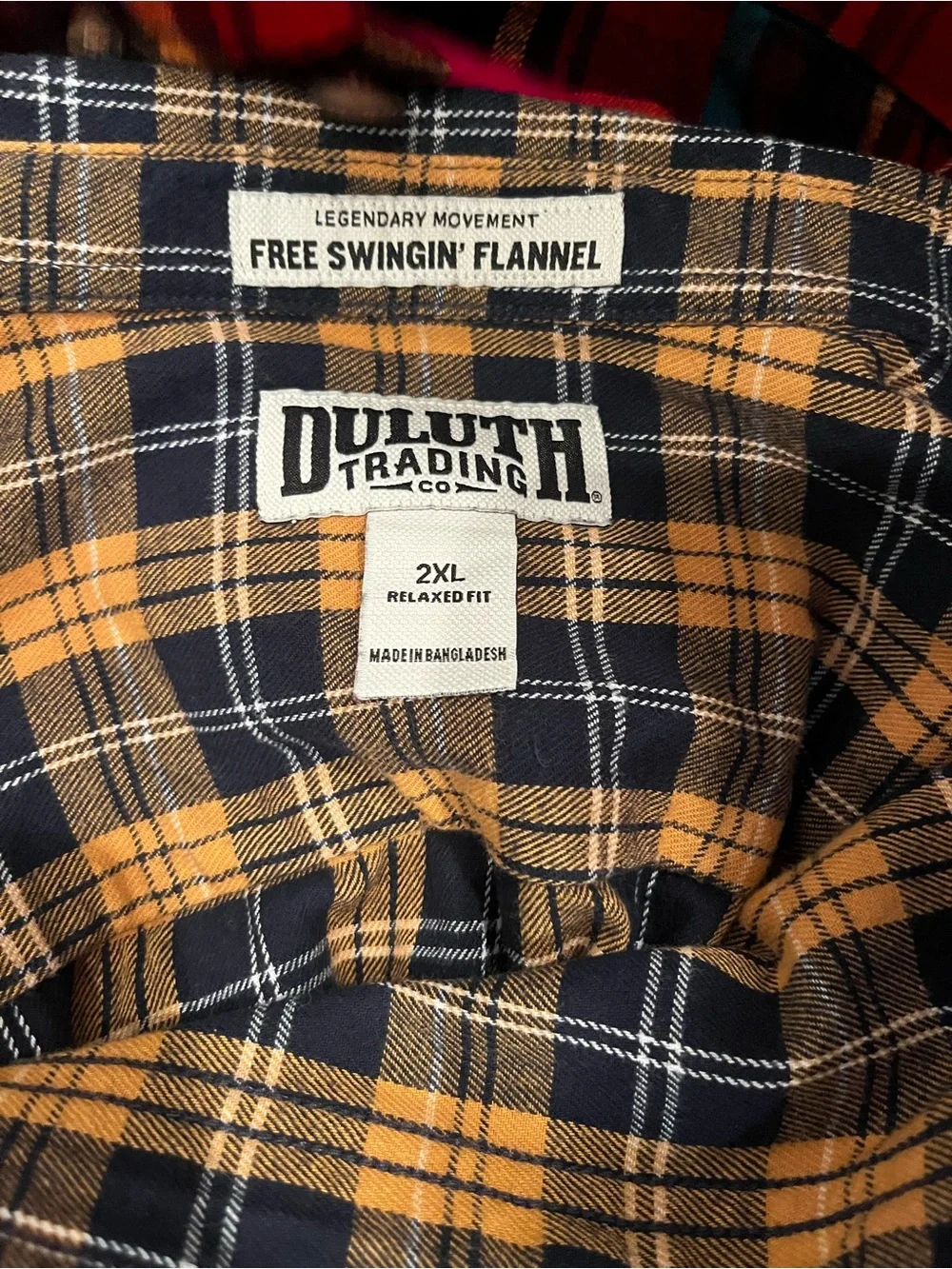 Duluth Trading Co Black and Orange Plaid Button-Down Shirt